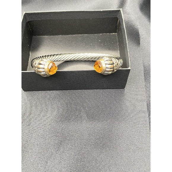Mogul Style Gripoix Silver Tone Twisted Cable Cuff Bracelet With Amber Cabochon - Picture 10 of 11